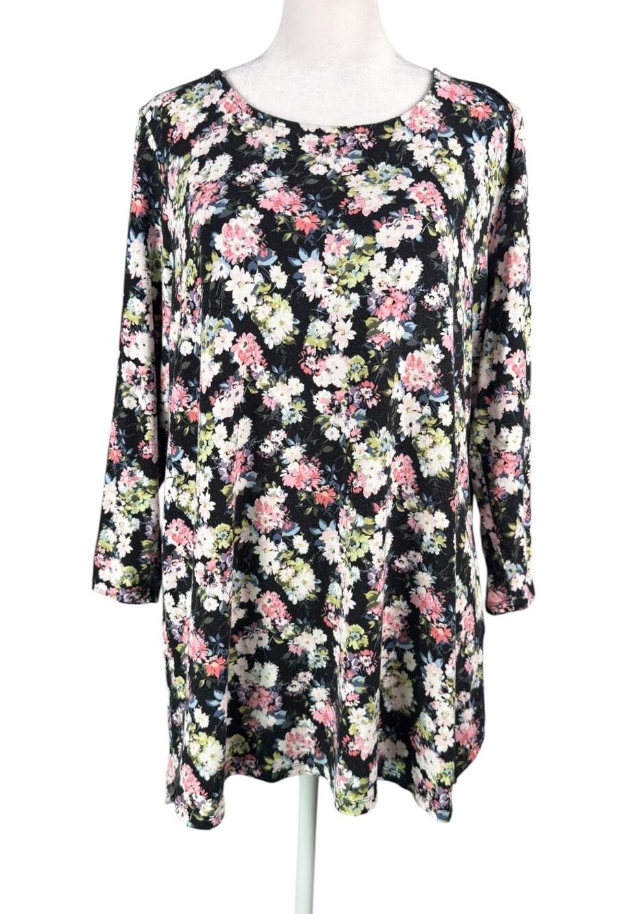 J Jill L Wearever M Tunic Top Black Pink White Floral 3/4 Sleeve Cottagecore